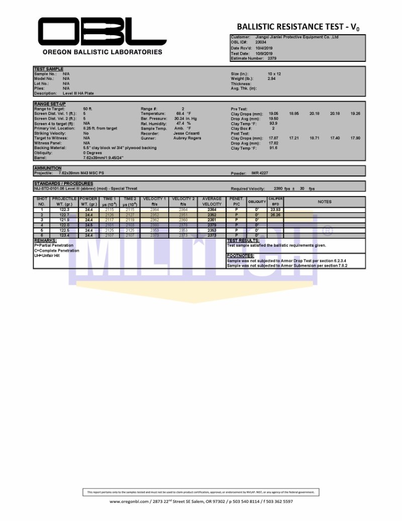 PE Ballistic Plate OBL M43 NIJ III+ 0101.06 Or NIJ 0101.07 RF1 Rated Test Report 2